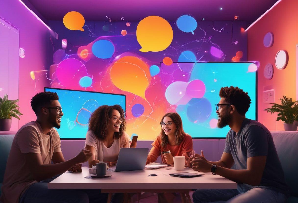 A vibrant scene showing a diverse group of people engaged in live streaming from their homes, with colorful streaming overlays and chat bubbles. Include gadgets like cameras, microphones, and laptops, all radiating energy and excitement. Background filled with abstract shapes and lines representing connectivity and engagement in the digital world. Trendy and modern aesthetic with dynamic lighting and cheerful expressions. super-realistic. vibrant colors. digital art.