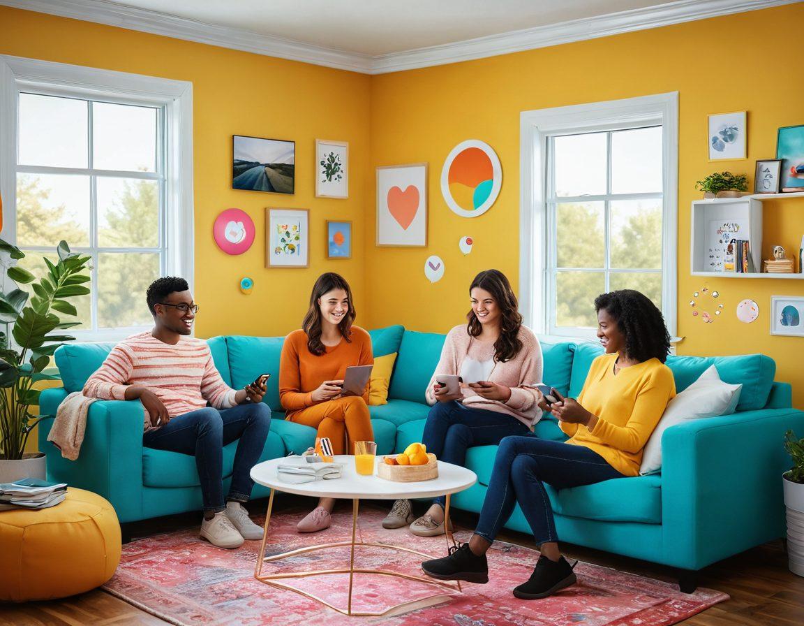 A lively digital scene featuring diverse adults engaging in chat and cam interactions, showcasing warm smiles and virtual connections. Highlight a cozy, inviting virtual room with vibrant colors, soft lighting, and an array of digital devices. Include elements of joy and openness, symbolizing connection and intimacy in the virtual world. Enrich the atmosphere with playful emojis and chat bubbles floating around. vibrant colors. 3D.