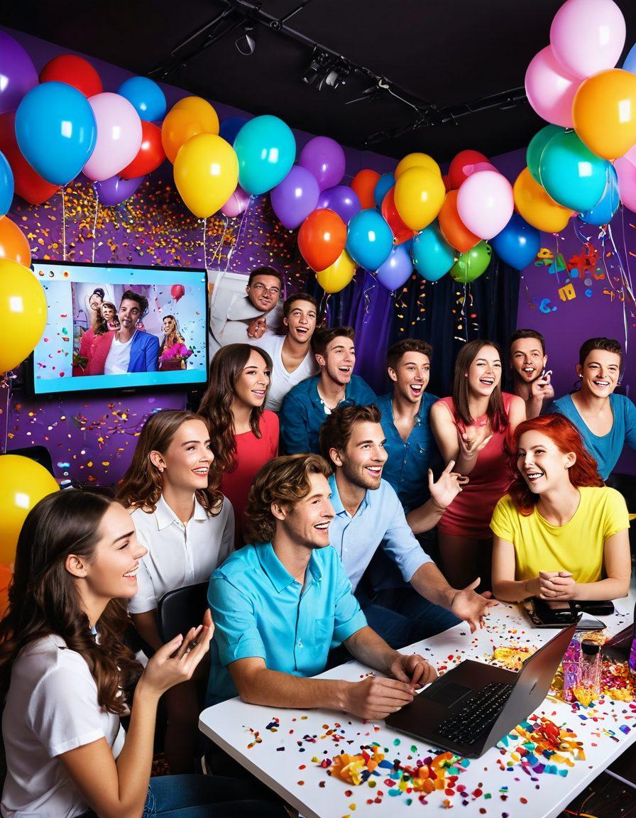 A vibrant scene depicting a lively virtual camming studio filled with colorful lighting and enthusiastic performers interacting with viewers, showcasing smiles and laughter. Include elements of technology like webcams and screens displaying happy chat interactions. Surround the performers with a playful atmosphere of fun props like balloons and confetti to emphasize joyful engagement. super-realistic. vibrant colors. dynamic composition.